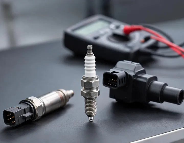 Spark plug, ignition coil and oxygen sensor on a diagnostic workbench