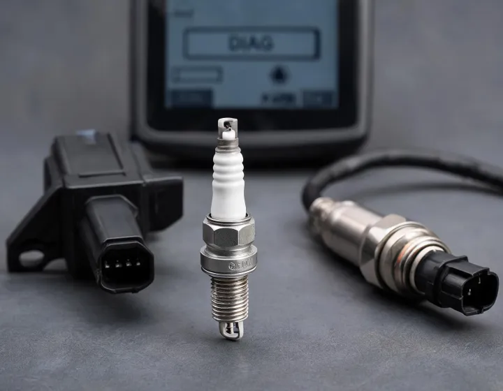 Spark plug, ignition coil and oxygen sensor on a diagnostic workbench